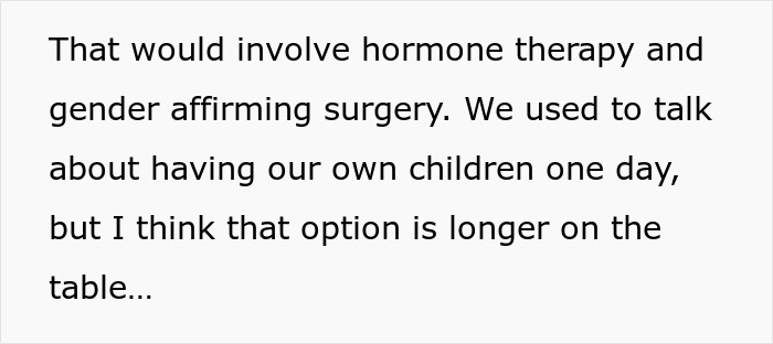 Text excerpt discussing hormone therapy and gender affirming surgery after wife came out as trans, reflecting personal challenges. Text excerpt discussing hormone therapy and gender affirming surgery after wife came out as trans, reflecting personal challenges.
