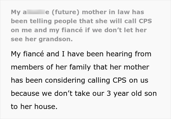 Text of a complaint about a neglectful MIL threatening to call CPS if not allowed to see her grandson. Text of a complaint about a neglectful MIL threatening to call CPS if not allowed to see her grandson.