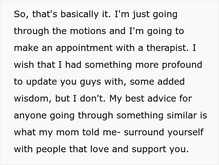 Text about seeking therapy and advice to surround with supportive people, relevant to upset ex-girlfriend marriage issues. Text about seeking therapy and advice to surround with supportive people, relevant to upset ex-girlfriend marriage issues.