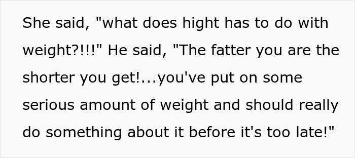 Text excerpt showing a heated argument with fat-shaming remarks about a 13-year-old daughter&rsquo;s weight.