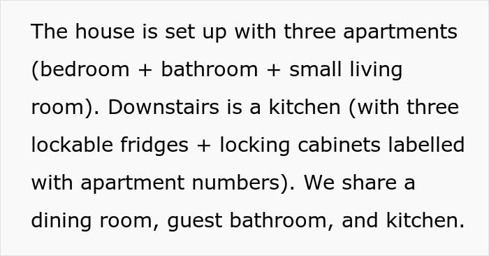 Apartment setup details with shared kitchen and dining area.