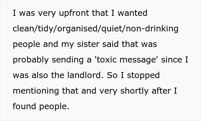Text describing landlord not revealing status to roommates about preferences. Text describing landlord not revealing status to roommates about preferences.