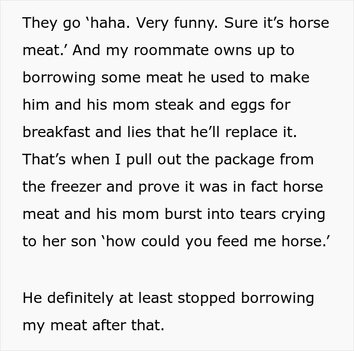 Text reveals roommate's food-stealing and horse meat revenge incident.