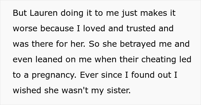 Text about betrayal and broken trust between sisters after a man's death.