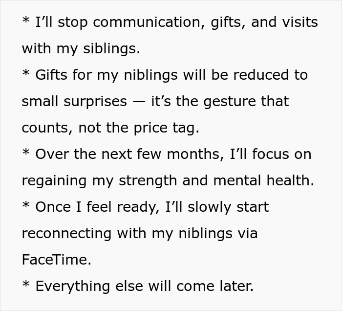 Text about reducing visits and gifts to siblings and regaining personal strength and health.