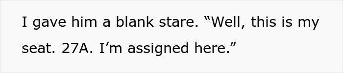 Text from a passenger asserting seat 27A assignment on a flight.