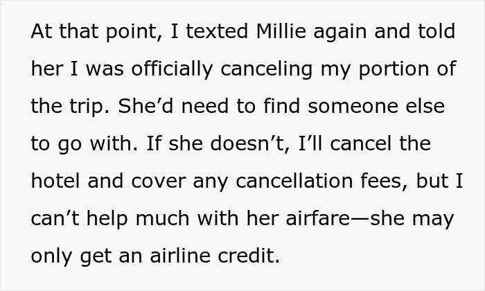 Text message about canceling a trip and handling fees, mentioning airfare and airline credit options.
