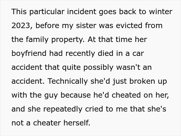 Text discussing a woman's eviction and her boyfriend's suspicious car accident, questioning infidelity.
