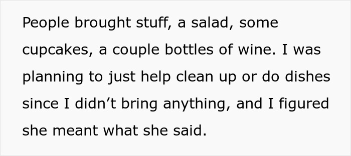 Empty-handed at potluck, a friend contemplates helping with cleanup instead.