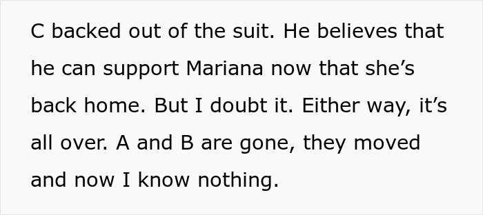 Text excerpt about someone backing out of a suit and uncertainty about Mariana's support.
