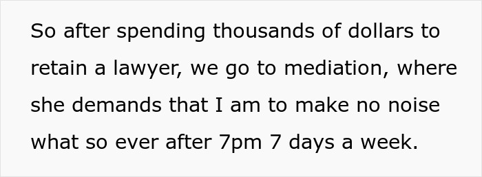 Text of mediation demand regarding noise after 7pm, related to neighbor suing dispute. Text of mediation demand regarding noise after 7pm, related to neighbor suing dispute.