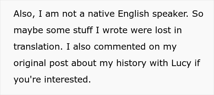 Text describing a non-native English speaker's message related to a personal history post.