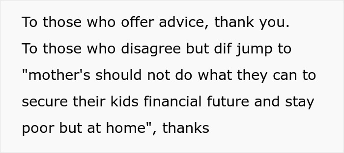 Text response about mothers securing kids' financial futures; mentions advice and staying at home.