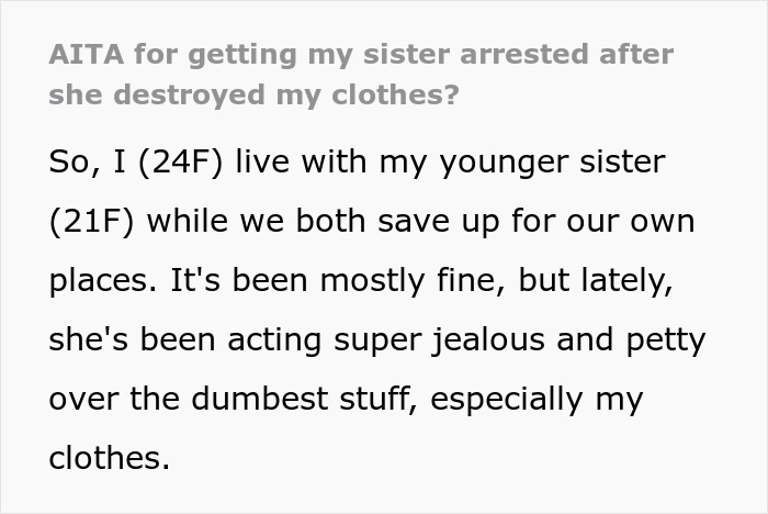 Text detailing a conflict between sisters over destroyed clothes.