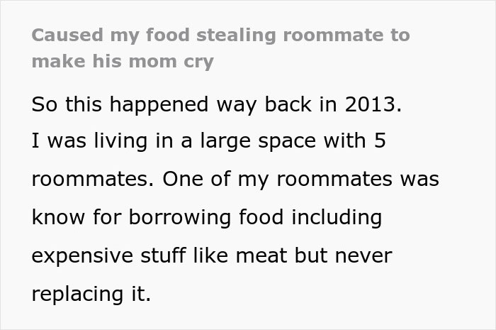 Text about a roommate stealing food, mentioning revenge involving horse meat.