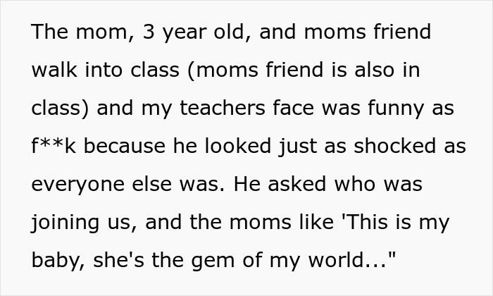 Text from a classroom story about a mom bringing a 3-year-old to college, surprising the teacher.