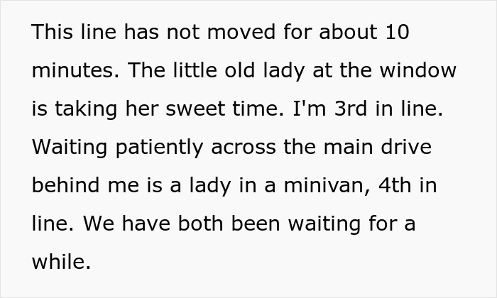 Text about being patient in line, mentioning a lady in a minivan also waiting.