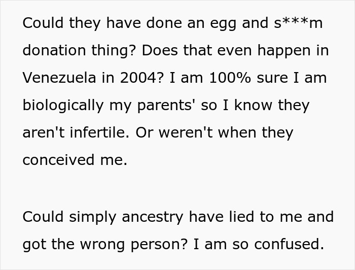Text from image discussing family DNA results and doubts about ancestry confirmation.