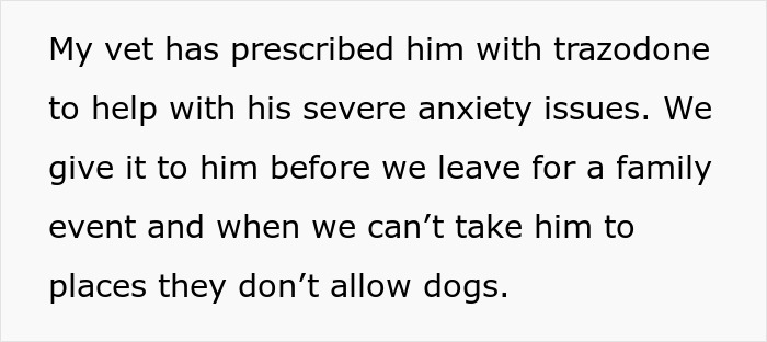 Text discussing adopted dog's anxiety treatment with trazodone for behavior issues.