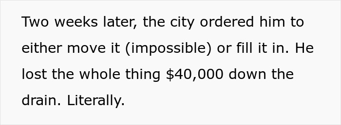 Text about a city order causing a $40K loss and removal of a swimming pool after a complaint about an illegal shed.