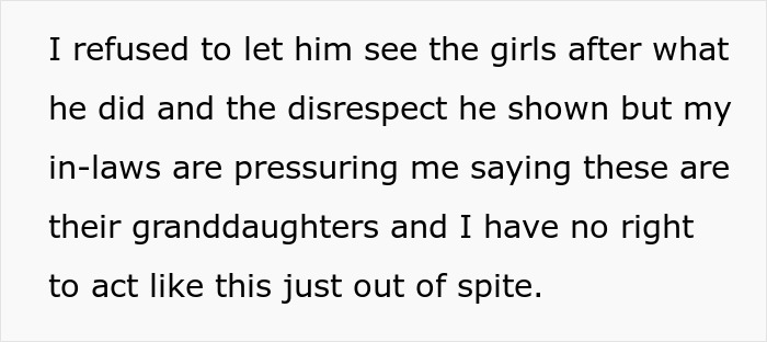 Text message about refusing access to children after BIL's actions, with in-laws claiming it's out of spite.