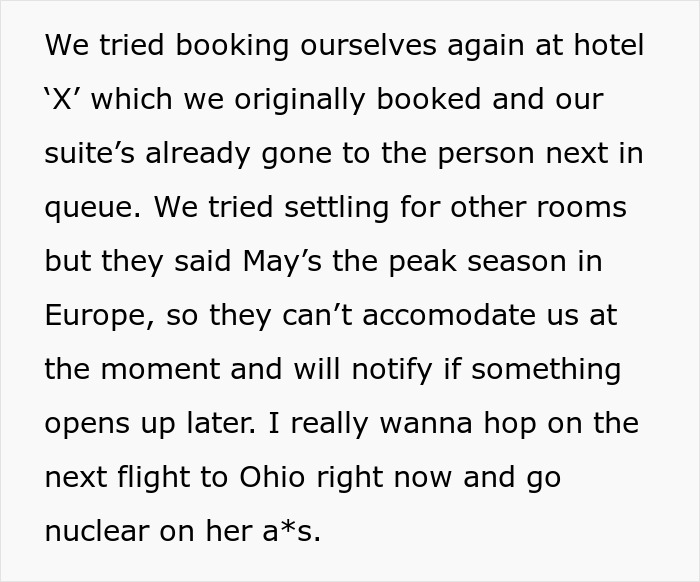 Text about a canceled honeymoon booking due to a fully booked hotel in peak season.