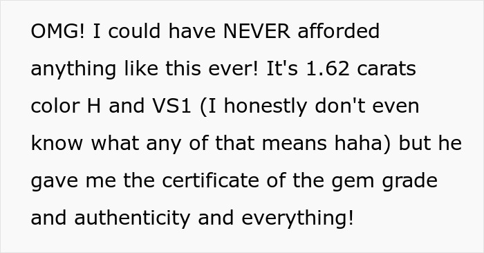 Alt text: Close-up of a pricey 1.62 carat ring with gem certificate given by millionaire neighbor&rsquo;s fianc&eacute;e for $400.