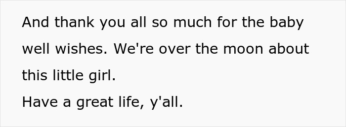 Message expressing gratitude for baby wishes and happiness about the little girl from hubby confronting family over treatment.