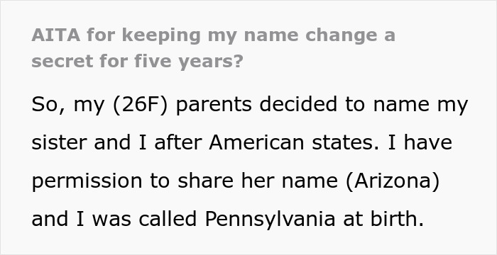 Text discussing secret name change after being named Pennsylvania at birth.
