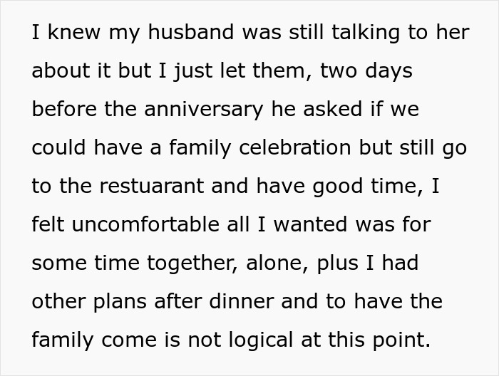 Text image describing husband's family joining anniversary, causing wife distress.