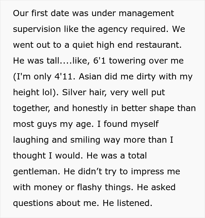 Text about a sugar daddy on a date, silver-haired and gentlemanly, making a surprising impression.