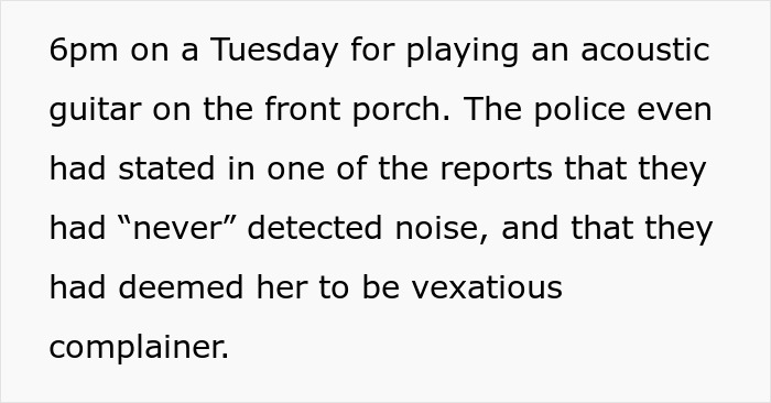 Text describes neighbor dispute involving noise complaints about playing guitar on a porch. Text describes neighbor dispute involving noise complaints about playing guitar on a porch.
