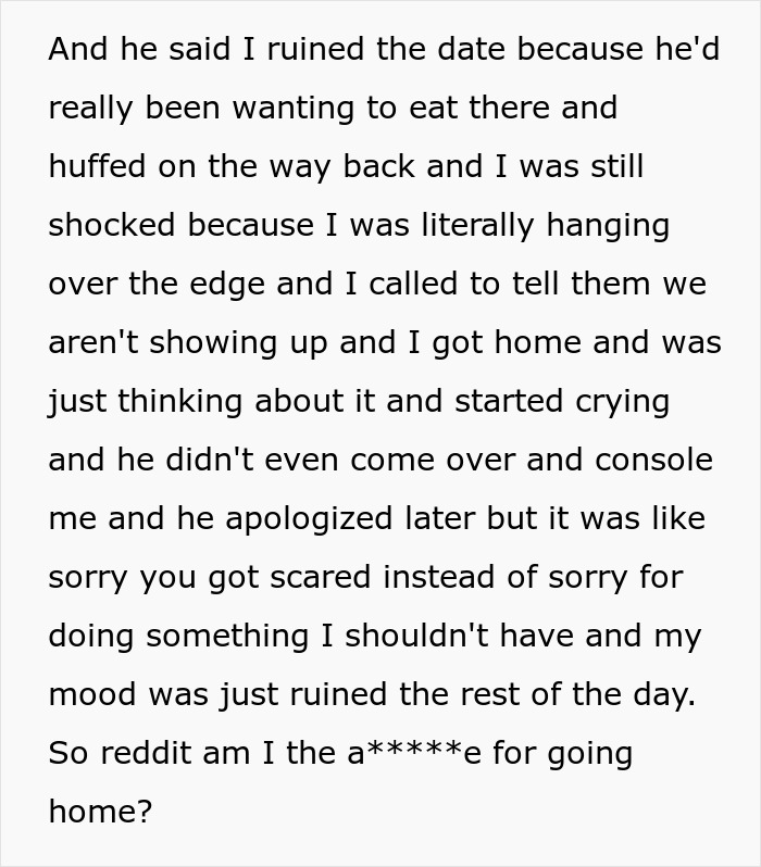 Text excerpt describing a husband dangling wife over a parking garage edge prank and her reaction of going home upset.