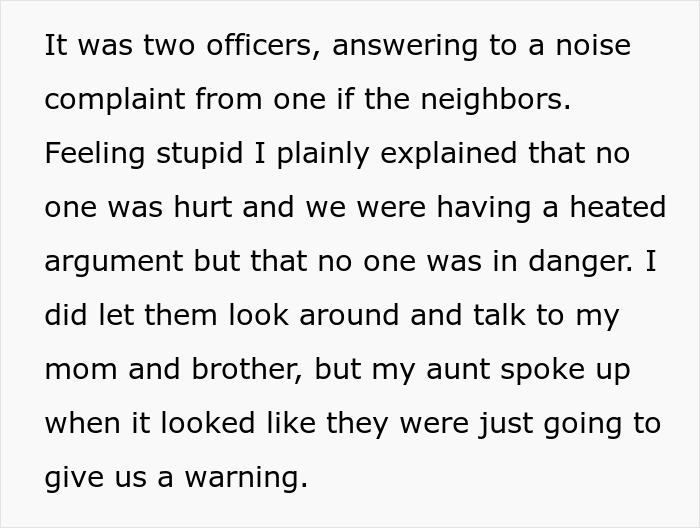 Text recounts noise complaint resolution involving two officers and family discussion after a prank incident.