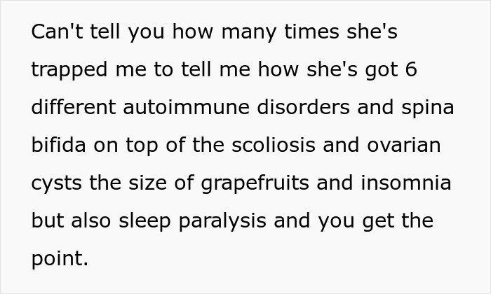 Text screenshot discussing a woman's claims of having many diseases, including autoimmune disorders and insomnia.