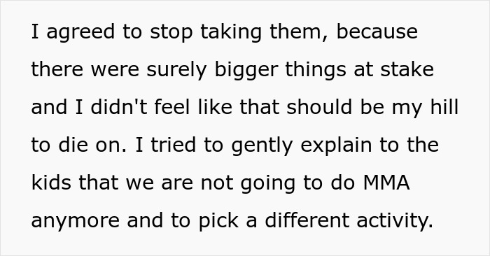 Text image discussing ending kids' MMA classes, suggesting a new activity choice.