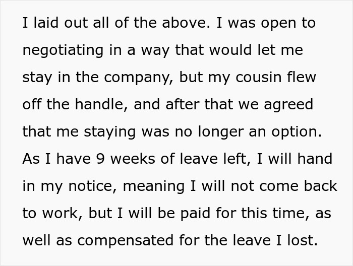 Text from a woman about maternity leave negotiations and resignation. Text from a woman about maternity leave negotiations and resignation.
