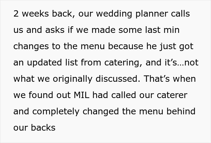 Text describing a couple's discovery of MIL changing their wedding menu.
