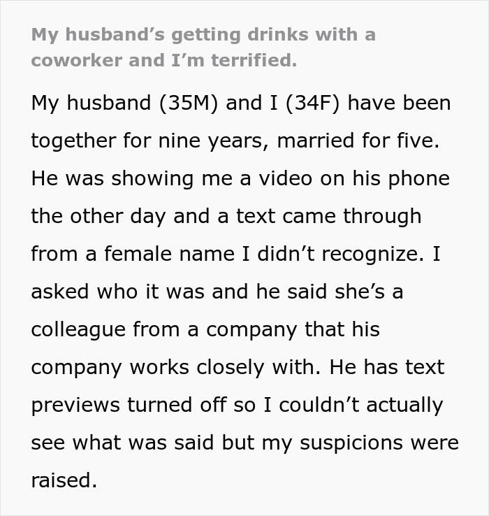 Alt text: Wife discovers truth about husband&rsquo;s late-night drinks with coworker, sparking suspicion and fear in their marriage.
