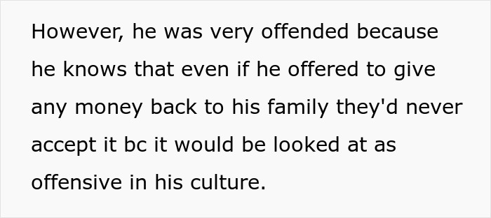 Text discusses a cultural perspective on gift-giving and offense, related to wedding reception contributions from parents.
