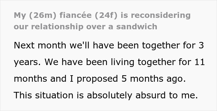 Text discussing a fianc&eacute;e reconsidering a relationship over a sandwich, expressing confusion about the situation.