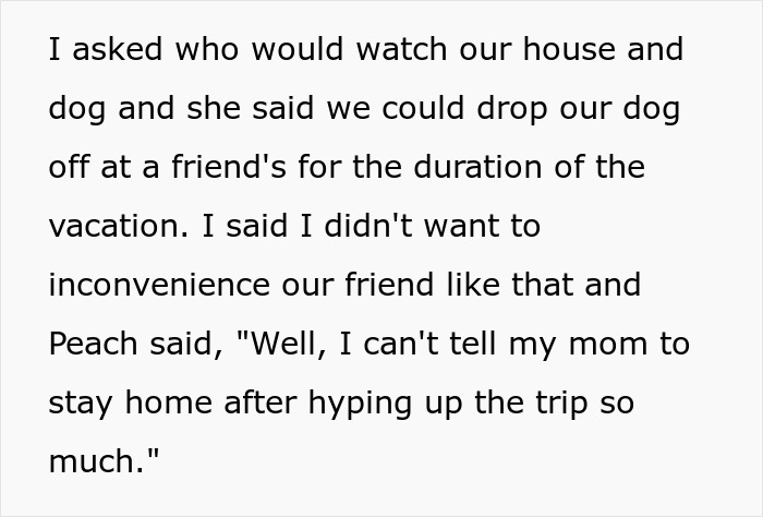 Text exchange about dog-sitting options during vacation, discussing inconvenience and mother's planned trip.