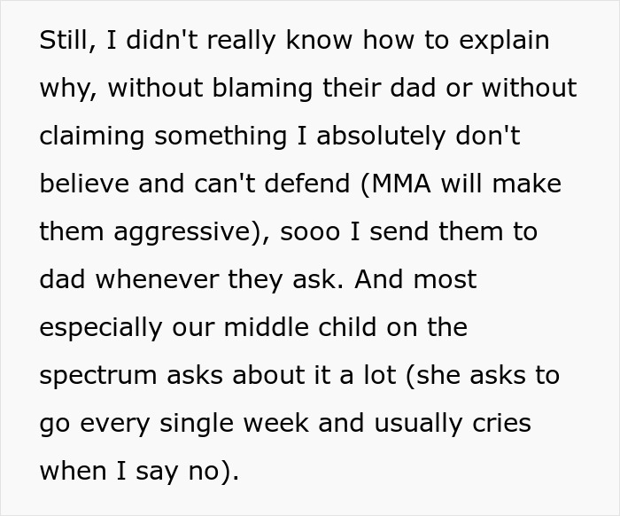 Text about dad's view on kids&rsquo; MMA being aggressive, mom sends curious kids to ask him.