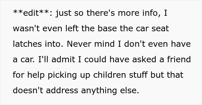 Text about someone discussing their lack of car seat equipment and contemplating seeking help.
