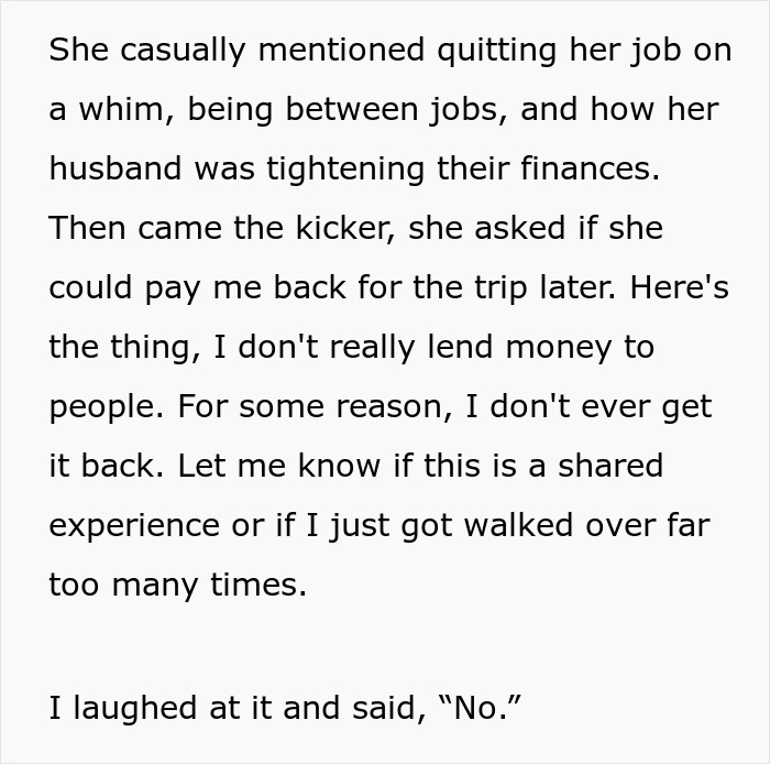 Text detailing a cousin's request for a trip loan, which gets declined with laughter.