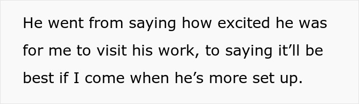 Text highlight about a man changing plans for his fianc&eacute;e's visit to his work.