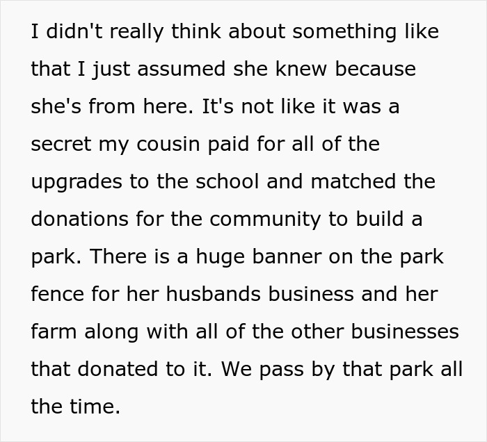 Text about a cousin funding community upgrades, with a park banner listing donor businesses. Text about a cousin funding community upgrades, with a park banner listing donor businesses.