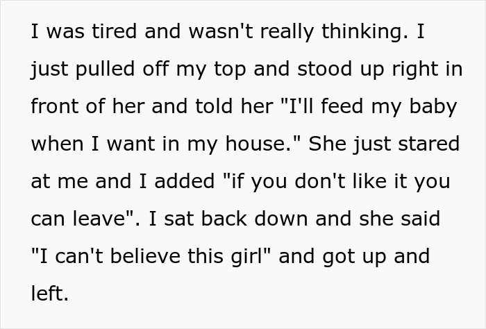 Text display about a woman breastfeeding in front of her mother-in-law after rude comments.