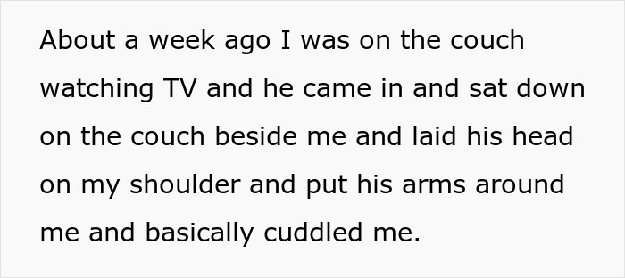 Text describing a teen boy snuggling with his dad on the couch while watching TV.