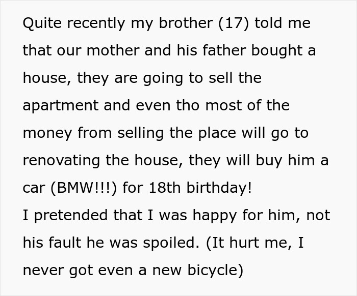 Text discusses plans to sell parents' apartment and use money partly for brother's new car.